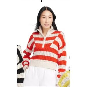 A New Day Women's M Red Cream Quarter Zip Mock Neck Pullover Open Knit‎ Sweater